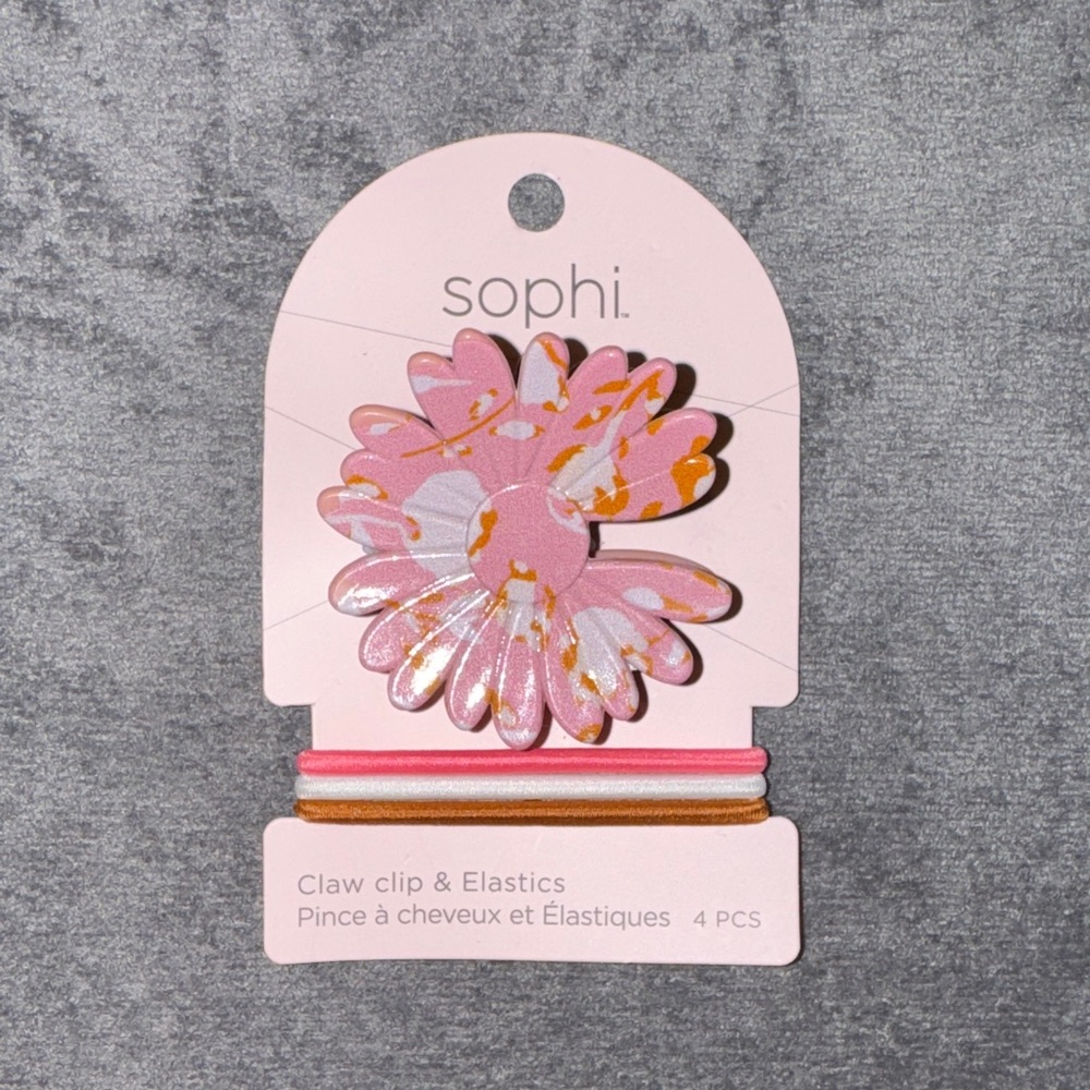 Sophi- NWT Pink Floral Claw Clip & Elastic Set